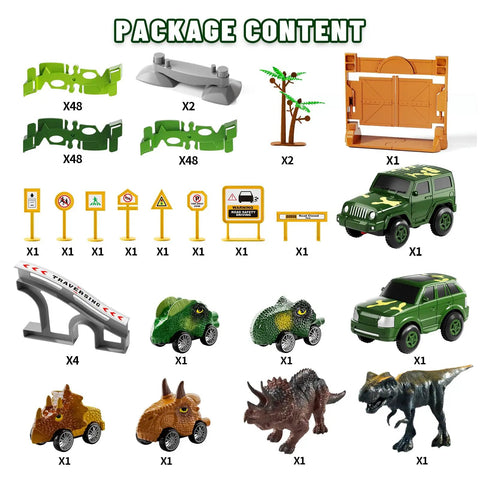 Epic Race Track Dino Adventure Kit With Flexible Tracks 2 Electric Cars And 4 Dino Cars package contents displayed