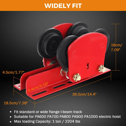 Electric Hoist Manual Trolley For 1.96 To 6.69 Inch I Beams Wide Flange 1 Ton Capacity compatible with PA600 to PA1000 hoists.