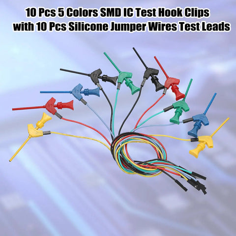 10 Piece Mini SMD IC Test Hook Clip Kit With Five Color Silicone Jumpers Wires For Logic Analyzers And Multimeters
