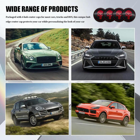 Killer Aluminum Wheel Center Hub Caps Set Of 4 Universal Fit For Any Ride Waterproof Rustproof Automotive Rim Covers on various vehicles.