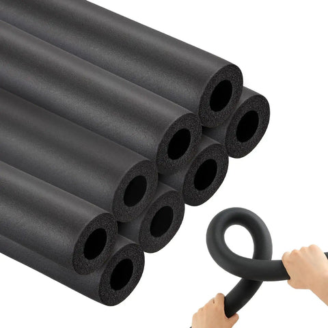 8 Pack Pipe Insulation Foam Tubes 1 Inch ID By 0.375 Inch Thick 15.74 Inch Length Black Heat Shield For Outdoor Water Pipes AC Units Gym Equipment Handles Roof Racks And More, EPDM foam tubes shown flexibly bending, stacked display