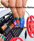 30 Piece Gator Clips Electrical Set With Five Color Crocodile Clips And Dual Ended Jumper Wires Power Test Probes connected to battery