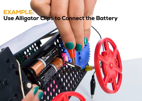 30 Piece Gator Clips Electrical Set With Five Color Crocodile Clips And Dual Ended Jumper Wires Power Test Probes connected to battery