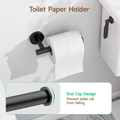 Must Have Matte Black Bathroom Accessories Set toilet paper holder with end cap design, mounted on wall. Durable SUS304 Stainless Steel Hardware