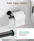 Matte Black toilet paper holder from Matte Black 4-Piece Wall Mounted Bathroom Hardware Set With 18-Inch Towel Bar, Towel Ring, Toilet Paper Holder And Robe Hook Made From SUS304 Stainless Steel, Sleek Modern Finish For A Slick, Functional Bath Upgrade, end cap design detail.