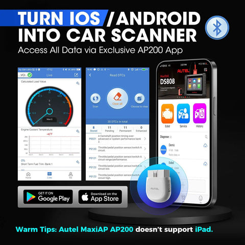 Bluetooth OBD2 Scanner For iPhone And Android With Full System Diagnostics AutoVIN 19 Reset Functions Check Engine Light Code Reader Wireless OBDII Tool For Fast Car Diagnostics Pro displayed with app interface on smartphone