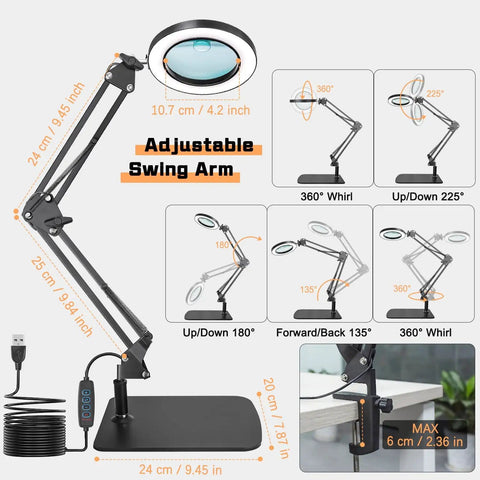 Illustration of Desk Magnifying Lamp With Light And Clamp Base, 10X And 15X Magnification, featuring adjustable swing arm