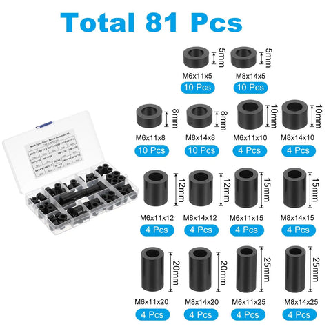 Nylon Spacers Set M6 And M8, 81-Piece Non-Threaded Round Standoffs in black with assorted heights, organized in a plastic kit.