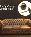 Top Shelf Brass Upholstery Tacks For Furniture Restoration, 200 Piece Box Of Classic Vintage Decorative Nail Pins for upholstery on a leather sofa.