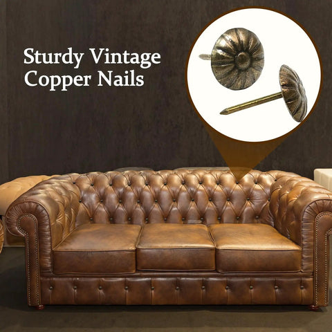 Top Shelf Brass Upholstery Tacks For Furniture Restoration, 200 Piece Box Of Classic Vintage Decorative Nail Pins for upholstery on a leather sofa.
