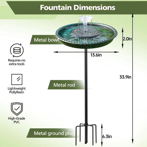 Diagram of Solar Powered Bird Bath Fountain With Lotus Flower Nozzle And Five Prong Stake Base For Outdoor Patio Garden Yard Decor.