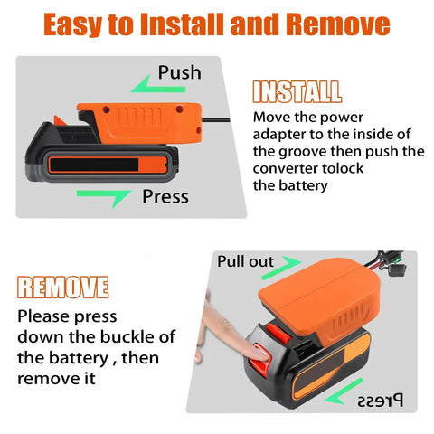 Instructions for installing Dual Pack Dope Power Wheel Adapter Kit For 20V Max Batteries Converts Battery Power to Stable Output