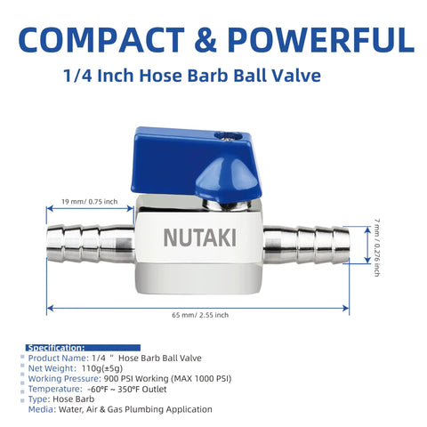 Beefy 1 Quarter Inch Barb Ball Valve Inline 304 Stainless Steel Shut Off For Fuel Water Air Gas Lines Heavy Duty Hose Barb Fitting With Two Clamps 1 Pack 900 PSI From -39 F To 380 F, 1/4 inch hose barb valve