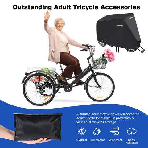 Heavy Duty Tricycle Cover For Adult Trike Waterproof Outdoor Bike Cover With 420D Fabric Nano Coating Scratch Resistant SPF 85 Plus Double Needle Seams on adult tricycle