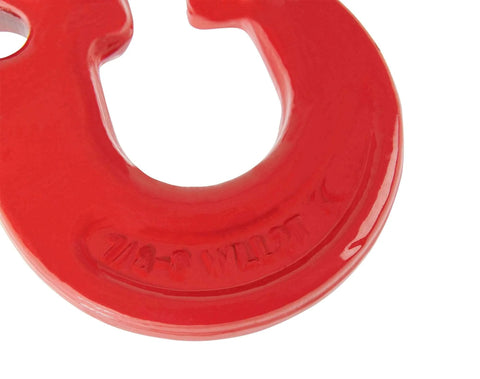 Close-up of a red 5/16 Inch Logging Chain Choker Hook G80 2 Tons Capacity 4500 Lbs Working Load Limit Two Pack.