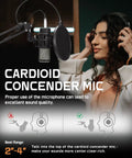 Woman using XLR Condenser Microphone Kit with 25mm diaphragm for streaming and podcasting, features boom arm and pop filter