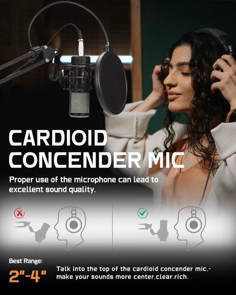 Woman using XLR Condenser Microphone Kit with 25mm diaphragm for streaming and podcasting, features boom arm and pop filter