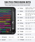 Mini Precision Screwdriver Set With Color Coded Bits And Built In Magnetizer, 108 precision bits displayed against list of bit types