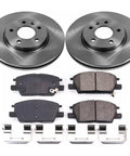 PowerStop front brake kit with two silver rotors, four ceramic brake pads, and mounting hardware.
