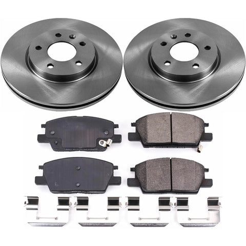 PowerStop front brake kit with two silver rotors, four ceramic brake pads, and mounting hardware.