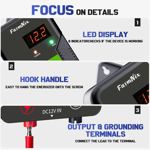 12KV Electric Fence Charger With LED Indicator, 15 KM Range, 2J Output, Works On AC DC Battery Or Solar Power, close-up details
