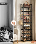 Narrow 10 Tier Shoe Rack For Small Spaces, Tall Entryway And Closet Organizer Holds 20 To 24 Pairs Shoes, Stackable Metal Cabinet With Hooks