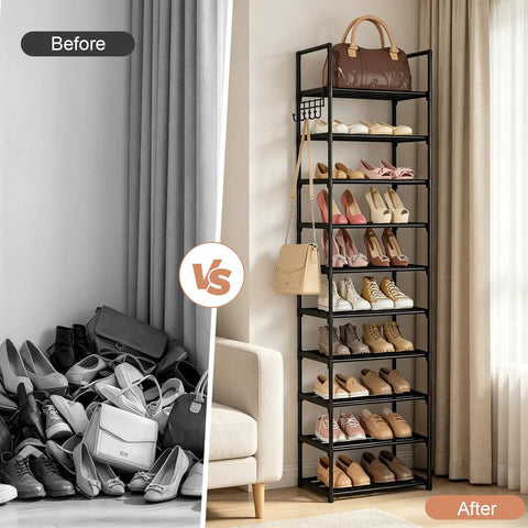 Narrow 10 Tier Shoe Rack For Small Spaces, Tall Entryway And Closet Organizer Holds 20 To 24 Pairs Shoes, Stackable Metal Cabinet With Hooks