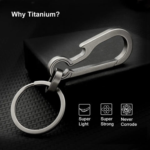 Titanium Carabiner Keychain With Quick Release Clip, Heavy Duty Key Ring And Lightweight Titanium Alloy Clip, Grey Finish, on black surface.