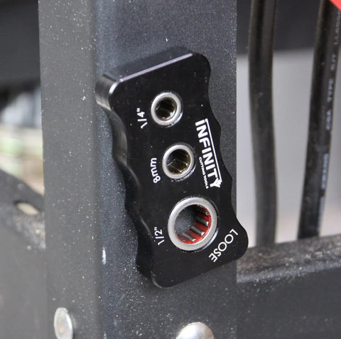 Router Bit Vise For Woodworking And CNC, Dope Black Anodized Aluminum Clamp With Laser Etched Markings mounted on workstation