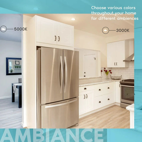 Modern kitchen with Lit Ultra Thin 4 Inch LED Recessed Light Kit, showing 5000K to 3000K color temperature options above a fridge.