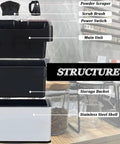Electric Portafilter Cleaner With Automatic Coffee Ground Knock Box And Dual Brush Heads Providing No Fuss 340 Rotating Cleanups For Smooth Sailing Home Bars And Bustling Cafes In Classic Black structure showing main unit, scrub brush, storage bucket, and power switch.