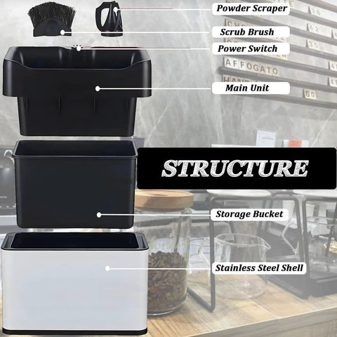 Electric Portafilter Cleaner With Automatic Coffee Ground Knock Box And Dual Brush Heads Providing No Fuss 340 Rotating Cleanups For Smooth Sailing Home Bars And Bustling Cafes In Classic Black structure showing main unit, scrub brush, storage bucket, and power switch.