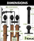 Black Rustic Triple Track Bypass Sliding Barn Door Hardware Kit dimensions diagram with measurements for door thickness and track size.