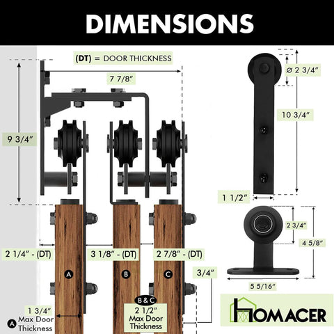 Black Rustic Triple Track Bypass Sliding Barn Door Hardware Kit dimensions diagram with measurements for door thickness and track size.