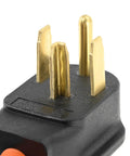 Close-up of NEMA 14-30P to 14-30R and 14-50R splitter cord, 30 Amp dual outlet adapter plug, durable design for EV chargers.