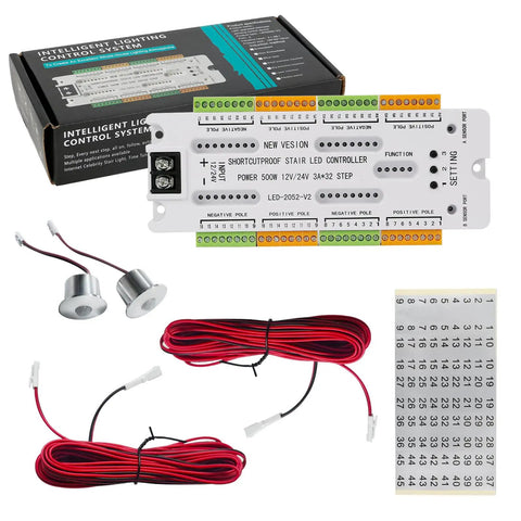 32 Channel Motion Sensor LED Stair Controller kit with packaging, wiring, and LED components for automatic staircase lighting