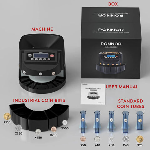 Coin Counter Machine Sorter For Change With Wrapper Roller, Auto Sorts 300 Coins Per Minute, includes bins and tubes, black