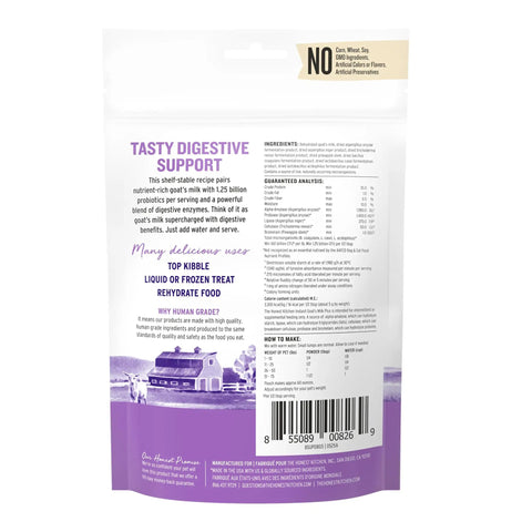 Human Grade Instant Goat Milk Powder Loaded With Probiotics To Settle Doggos And Kittens Tummies While Kickstarting Gut Health Perfect For Mixing Into Any Scoop As A Snappy Daily Nutrition Boost For Happy Fur Families 5.2 Ounces, package back view with ingredients.