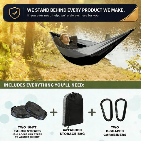Person relaxing in Portable Camping Hammock With Tree Straps And Attached Carry Bag For Outdoor Adventures And Backyard Relaxation