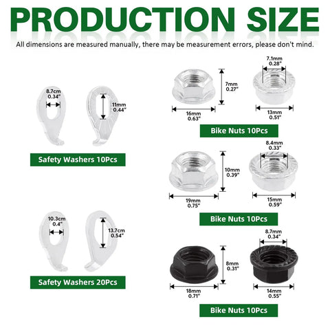 Image showing dimensions of 60 Pcs Bicycle Wheel Axle Nut And Safety Washer Kit with M8 M10 nuts, fasteners, washers.