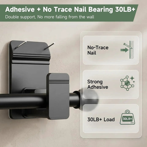 Zero Drama No Drill Curtain Rod Brackets For Five Eighth Inch Rods Heavy Duty 30 Pound Adhesive And Nails Damage Free Wall Mount Holders Easy Room Refresh For Kitchen Bathroom Or Bedroom Eight Piece Black Set