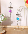 Two Piece Gazing Ball Spiral Tail Wind Spinner Stabilizer Set For Indoor Outdoor Hanging Stainless Steel Garden Decor With Hanging Swivel Hook Glass Balls In Purple And Dark Blue For A Fresh Yard Vibe, hanging spiral tail set with purple and blue glass balls