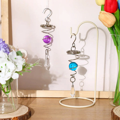 Two Piece Gazing Ball Spiral Tail Wind Spinner Stabilizer Set For Indoor Outdoor Hanging Stainless Steel Garden Decor With Hanging Swivel Hook Glass Balls In Purple And Dark Blue For A Fresh Yard Vibe, hanging spiral tail set with purple and blue glass balls
