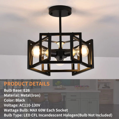 Semi Flush Mount Ceiling Light Fixture, 3-Light Black Industrial Style with E26 Base in vintage matte black finish
