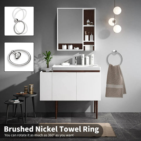 Modern bathroom with the Must-Have 8-Piece Bathroom Hardware Set in Brushed Nickel, featuring a towel ring and vanity setup.