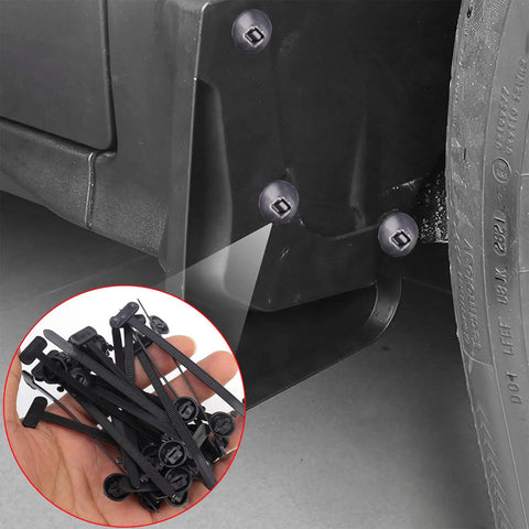 Close-up of 100 Pcs Nylon Cable Tie Buckles And Bumper Retainer Clips Set For Auto Repair And Home Organization, installed on car bumper