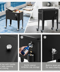 60 Quart Rolling Ice Chest With Wheels, Portable Outdoor Beverage Cooler, Bottle Opener And Cap Collector, Black, various angles