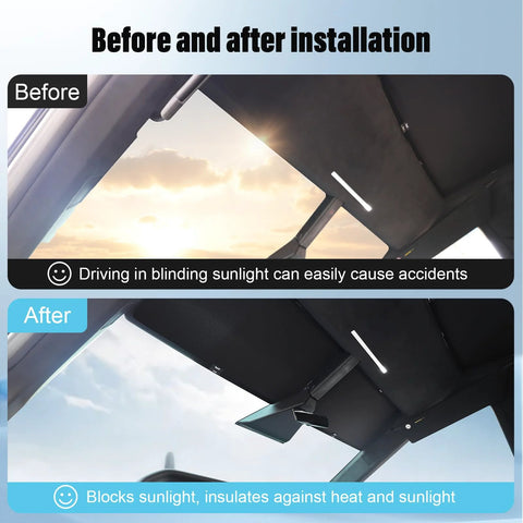 Tesla Cybertruck roof sunshade (2 pcs); nano-reflective heat-insulating interior accessory, shown before/after installation.