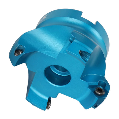 Blue aluminum alloy CNC lathe face mill head with central bore and mounting screws