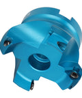 CNC lathe face mill head in blue aluminum alloy with central bore and mounting screws (angled view)